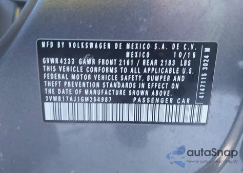 2016 Volkswagen Jetta 1.8T Sport из США, поврежденный, VIN 3VWB17AJ1GM254987